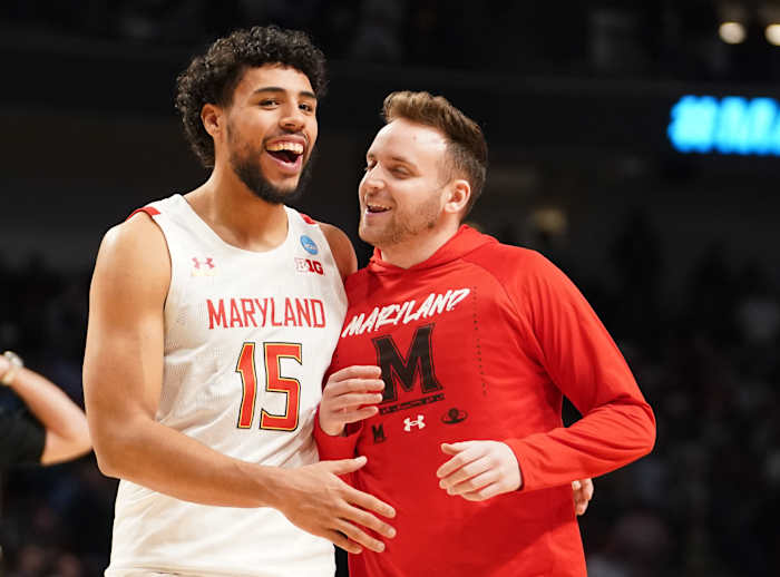 Maryland Terrapins forward Patrick Emilien celebrates a win.